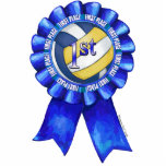 Volleyball Ribbons 1st Standing Photo Sculpture<br><div class="desc">1st Place Volleyball Blue Ribbon t-shirts, gifts, and accessories created by ITD Sports Centre! feature our original art of a first place blue ribbon with a yellow, blue, and white painted volleyball in the middle and the word, 1st, in shiny blue lettering on the inside with a circle of white...</div>