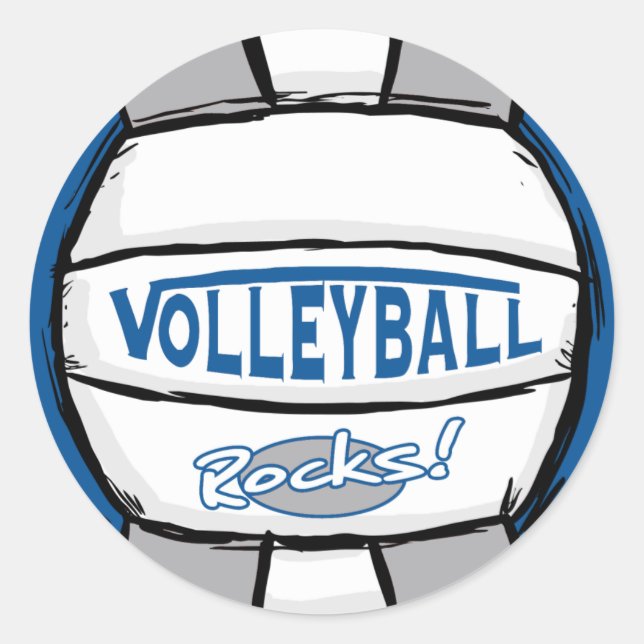 Volleyball Rocks Blue and Silver Classic Round Sticker (Front)