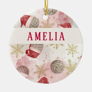 Volleyball Santa Hat Name Christmas Ceramic Tree Decoration