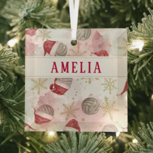 Volleyball Santa Hat Name Christmas Glass Tree Decoration