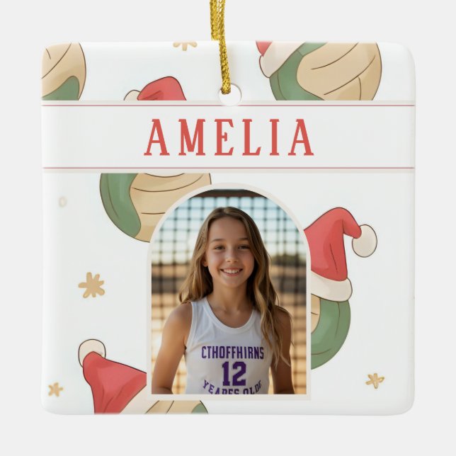 Volleyball Santa Hat Name Photo Christmas   Ceramic Ornament (Front)
