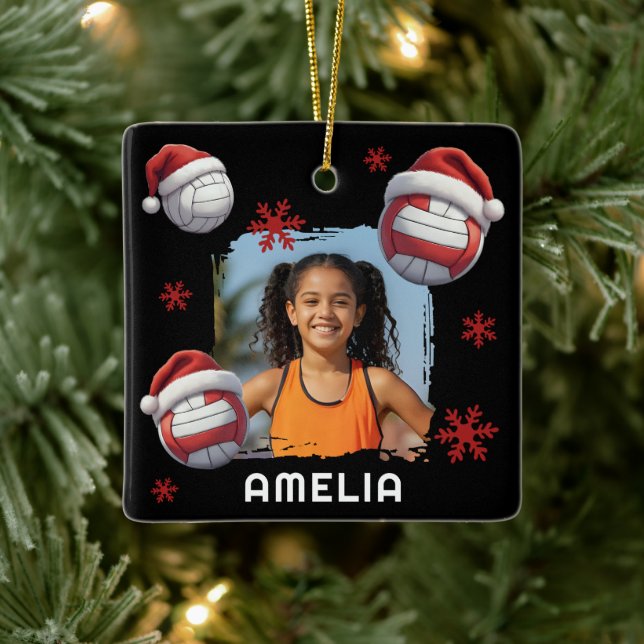 Volleyball Santa Hat Name Photo Christmas  Ceramic Ornament (Tree)