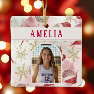 Volleyball Santa Hat Name Photo Christmas   Ceramic Ornament