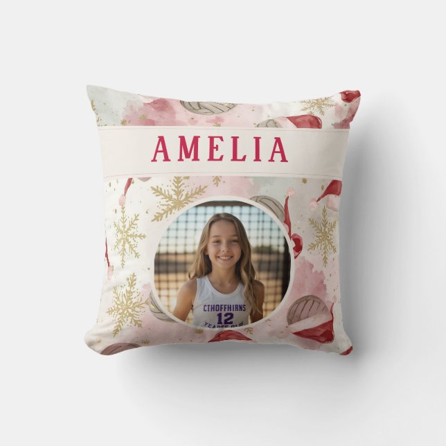 Volleyball Santa Hat Name Photo Christmas   Cushion (Front)