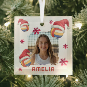 Volleyball Santa Hat Name Photo Christmas  Glass Tree Decoration