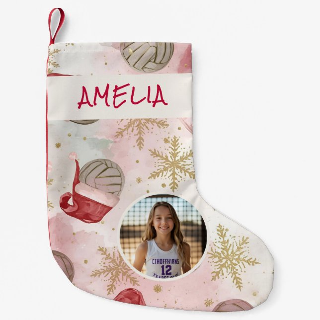 Volleyball Santa Hat Name Photo  Small Christmas Stocking (Front)
