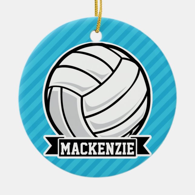 Volleyball; Sky Blue Stripes Ceramic Tree Decoration (Front)