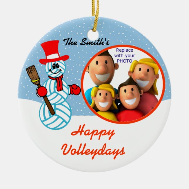Volleyball Snowman Family Photo Ornament (Front)