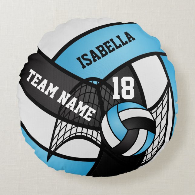  Volleyball 🏐 Sport- Baby Blue, White & Black Round Cushion (Front)