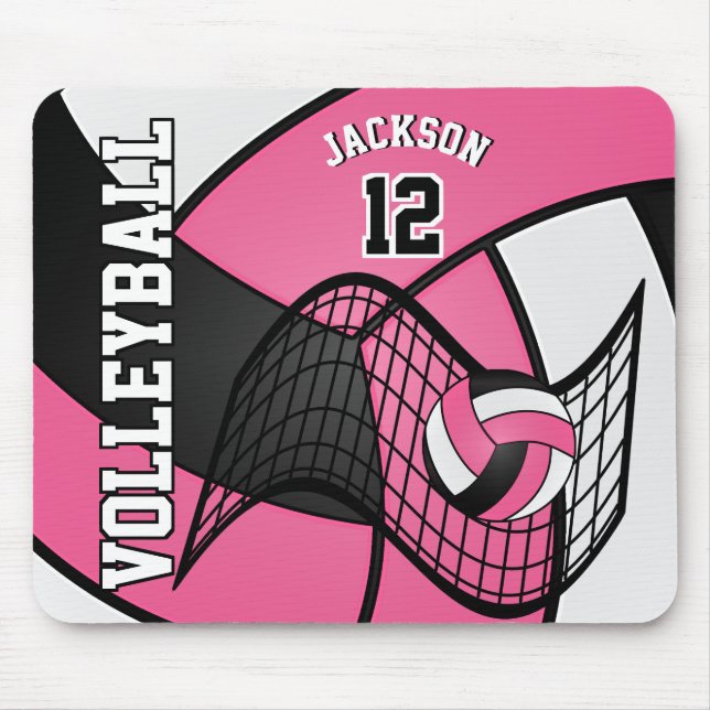 Volleyball 🏐 Sport in a Hot Pink, White and Black Mouse Mat (Front)