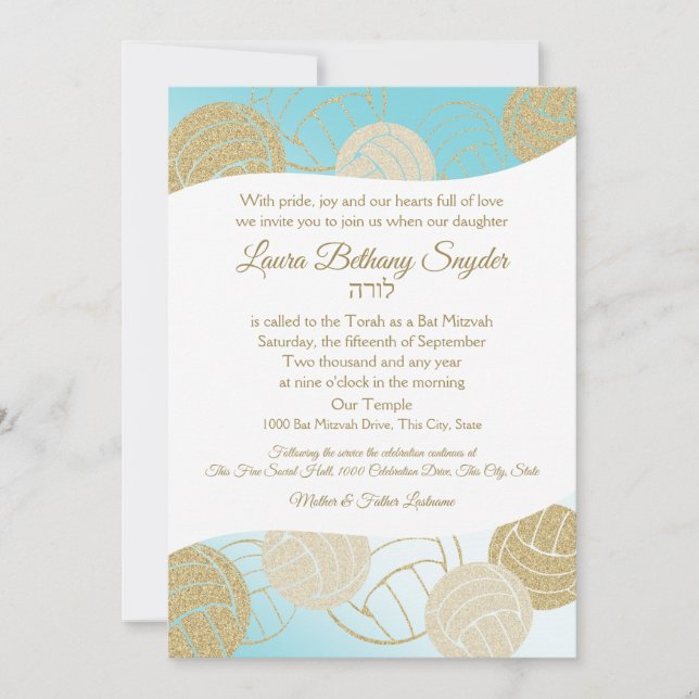 Volleyball Sports Bat Mitzvah Blue and Gold Invitation (Front)