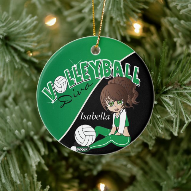 Volleyball Sporty Diva Girl in Dark Green Ceramic Tree Decoration (Tree)