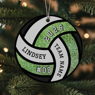 Volleyball Team Player Green Glitter Christmas Metal Tree Decoration