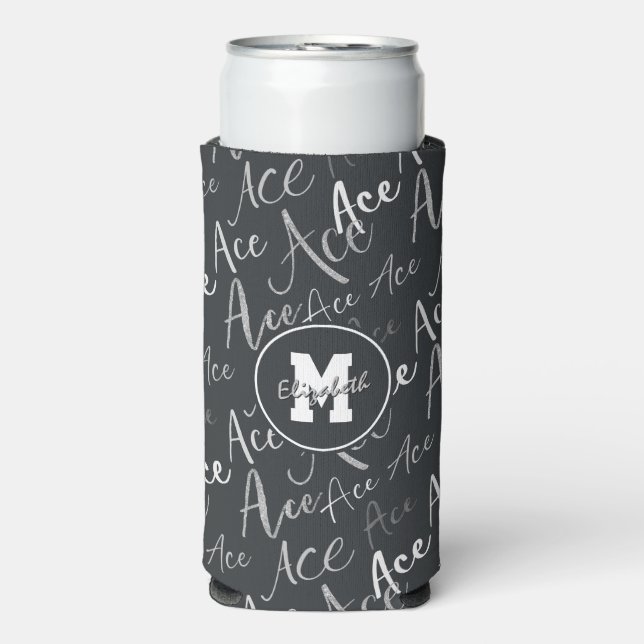 volleyball tennis Ace text pattern on charcoal Seltzer Can Cooler (Seltzer Front)