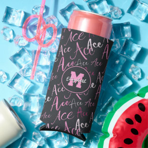 volleyball tennis pink Ace text pattern charcoal Seltzer Can Cooler