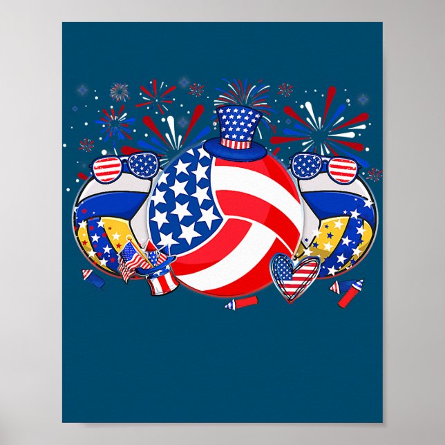 Volleyball USA Flag Hat Fireworks Patriotic 4th Poster (Front)