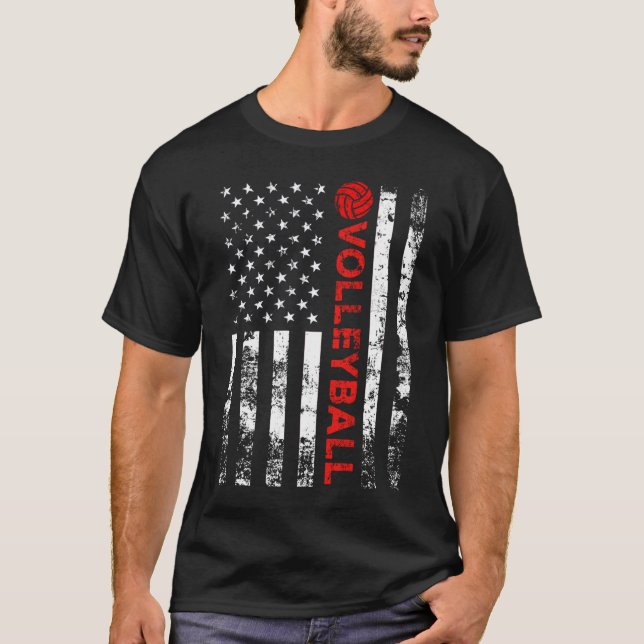 Volleyball Vintage USA American Flag T-Shirt (Front)