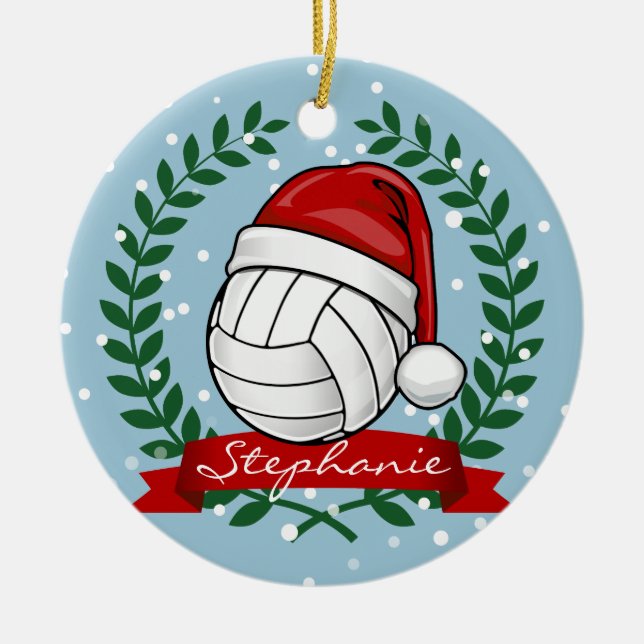 Volleyball wearing a Christmas hat Custom Ceramic Tree Decoration (Front)