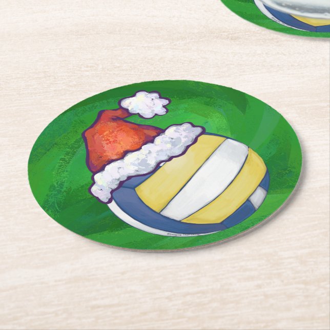 Volleyball with Christmas Hat Round Paper Coaster (Angled)