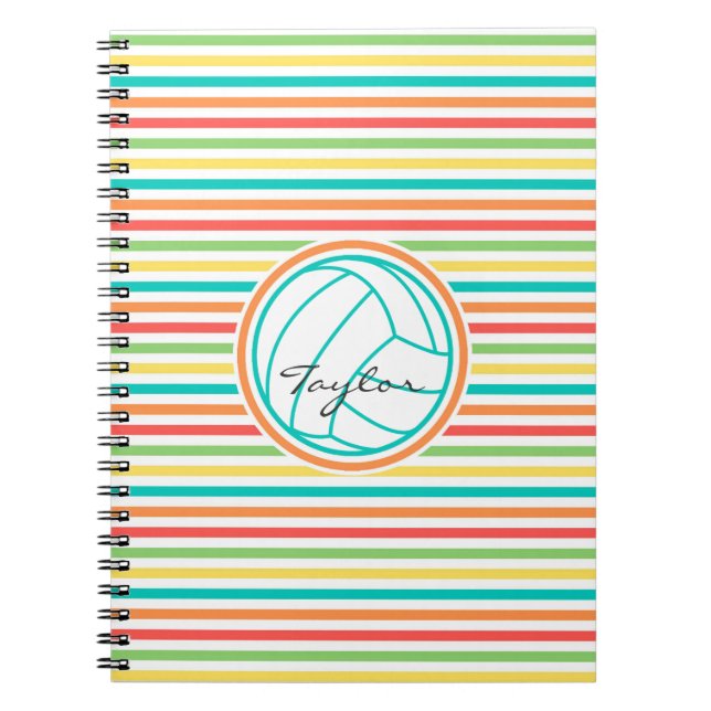 Volleyball with Name; Bright Rainbow Stripes Notebook (Front)