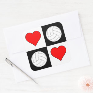 Volleyballs & Hearts Chequered Pattern Cute Sports Square Sticker