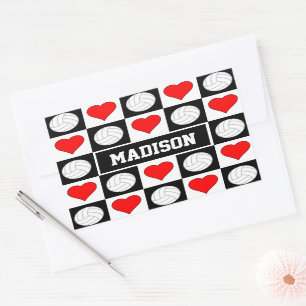 Volleyballs & Hearts Custom Player Name Sports Rectangular Sticker