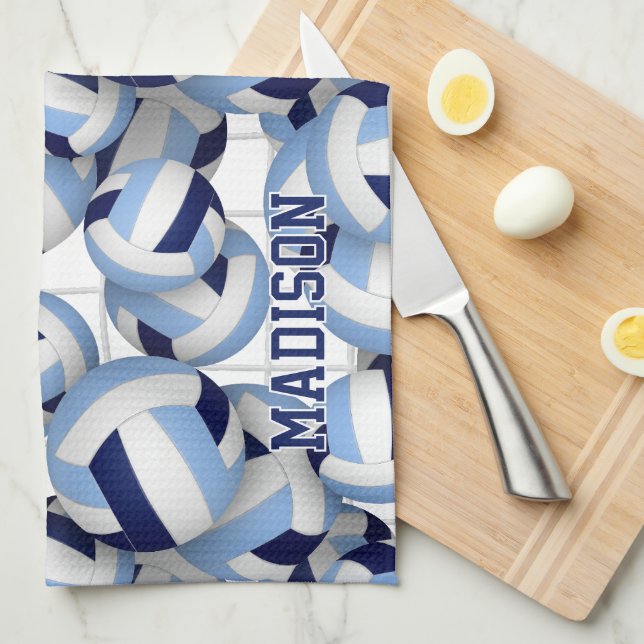 Volleyballs pattern w net bkgrd navy lt blue tea towel (Quarter Fold)