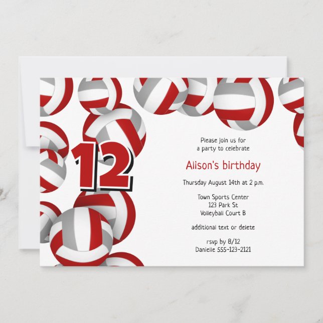 volleyballs with red grey team colours kids party invitation (Front)