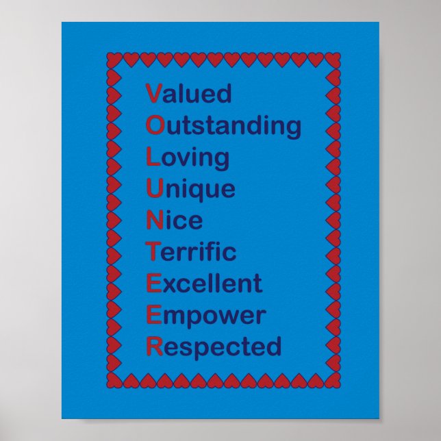 Volunteer Blue and Red Typography Hearts Poster (Front)