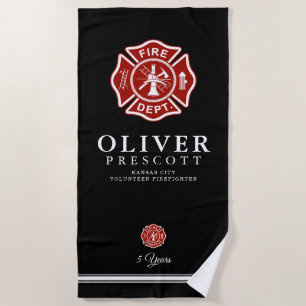 Volunteer Firefighter   Maltese Cross Symbol Black Beach Towel