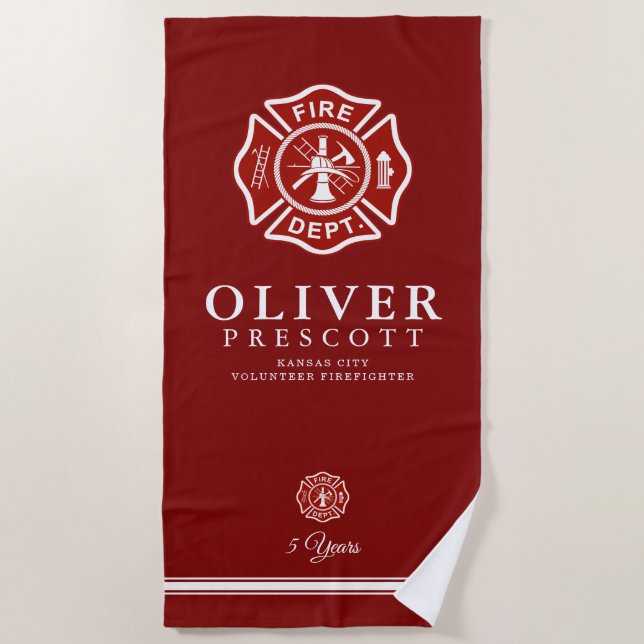 Volunteer Firefighter | Maltese Cross Symbol Red Beach Towel (Front)