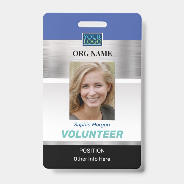 Volunteer, Photo Name Logo Info, Silver Blue Black ID Badge (Front)