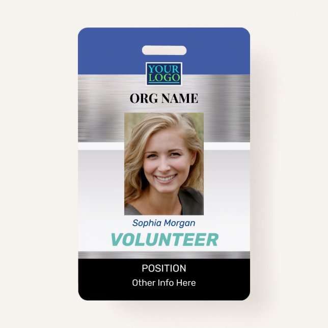 Volunteer, Photo Name Logo Info, Silver Blue Black ID Badge (Front)