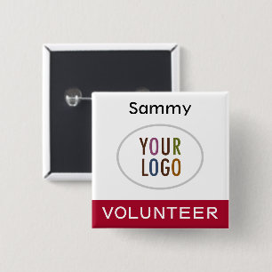 Volunteer Pinback Badge with Logo Dark Red Square