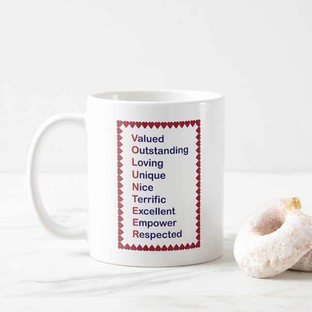 Volunteer Red Hearts Typography Coffee Mug (With Donut)