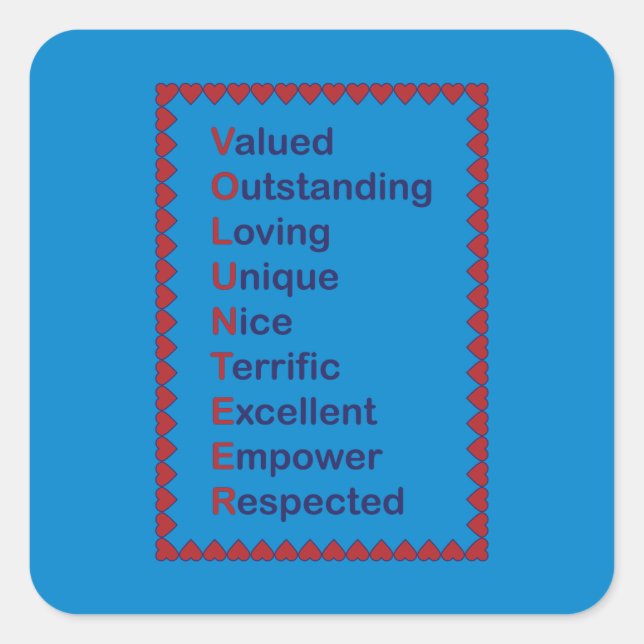Volunteer Typography Red Hearts Blue Background Square Sticker (Front)