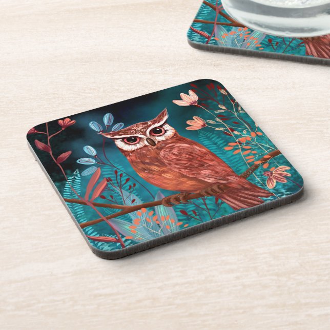 Vom Künstler handillustrierte Eule – Boho Natur Coaster (Left Side)
