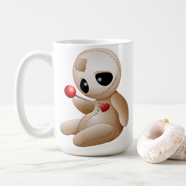 Voodoo Doll Cartoon in Love Coffee Mug (With Donut)