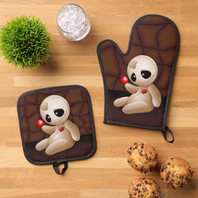 Voodoo Doll Cartoon in Love Oven Mitt & Pot Holder Set (Top Down)