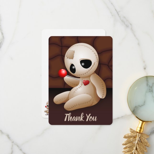 Voodoo Doll Cartoon in Love Thank You Card (Front/Back In Situ)