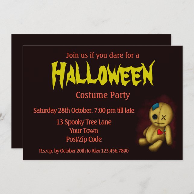 Voodoo Rag Doll with buttons Patches and Pins Invitation (Front/Back)