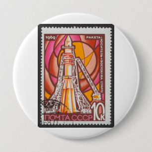 Vostok Spacecraft on Launchpad USSR Stamp 1969 10 Cm Round Badge