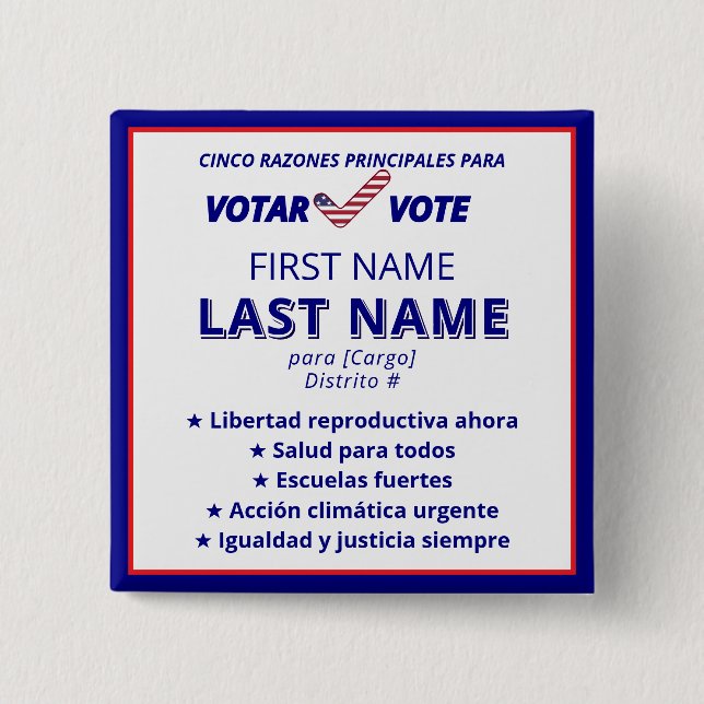 VOTAR VOTE Spanish Bilingual Political Campaign 15 Cm Square Badge (Front)