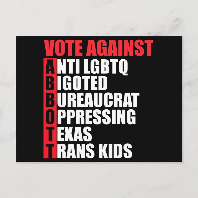 Vote Against Greg Abbott Texas Democrat Acrostic Postcard (Front)