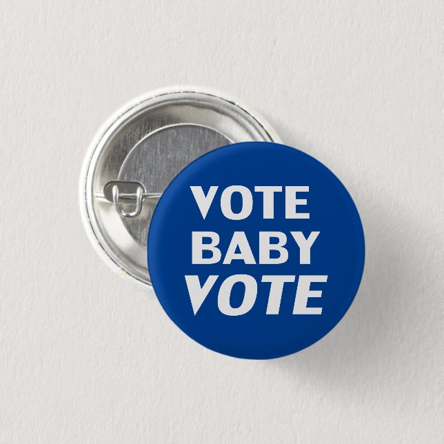 Vote baby vote blue and white modern typography 3 cm round badge (Front & Back)