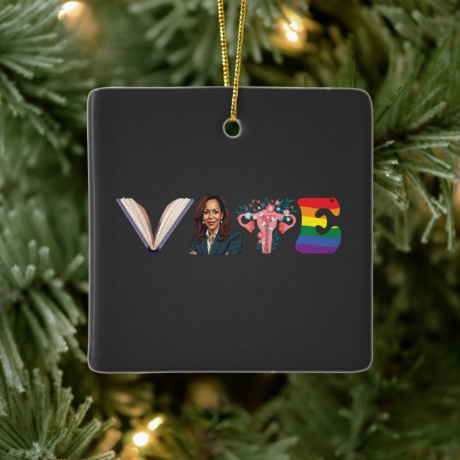 VOTE Books Uterus LGBT Kamala Harris Walz Election Ceramic Ornament (Tree)