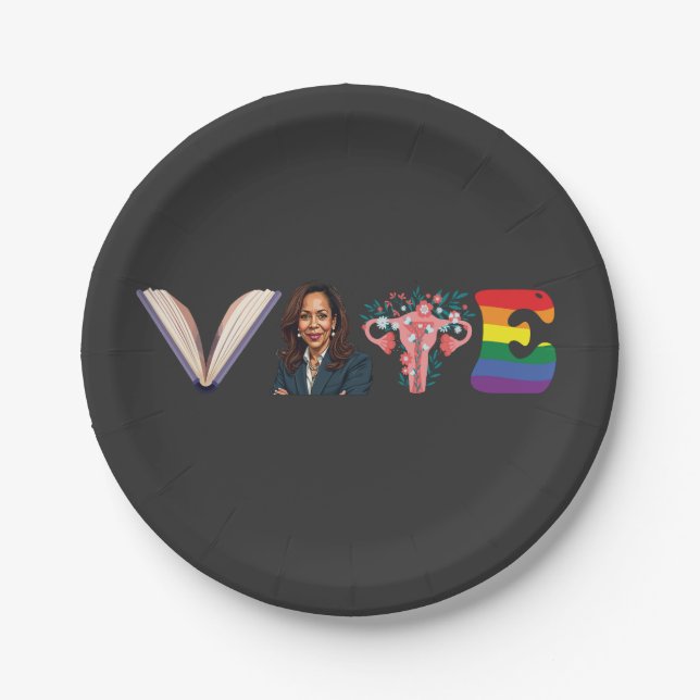 VOTE Books Uterus LGBT Kamala Harris Walz Election Paper Plate (Front)