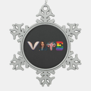 VOTE Books Uterus LGBT Kamala Harris Walz Election Snowflake Pewter Christmas Ornament
