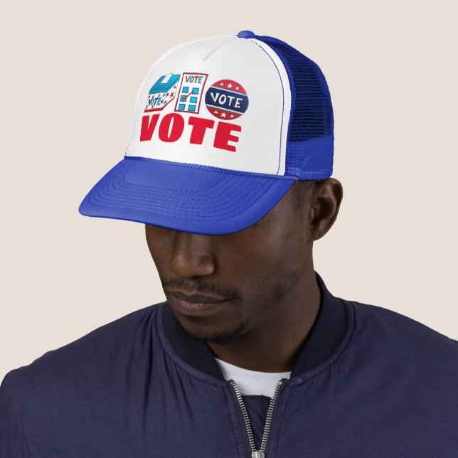VOTE Button Election Day Voting Ballot Box Trucker Hat (In Situ)