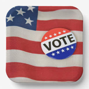 Vote Button On USA Flag Paper Plate